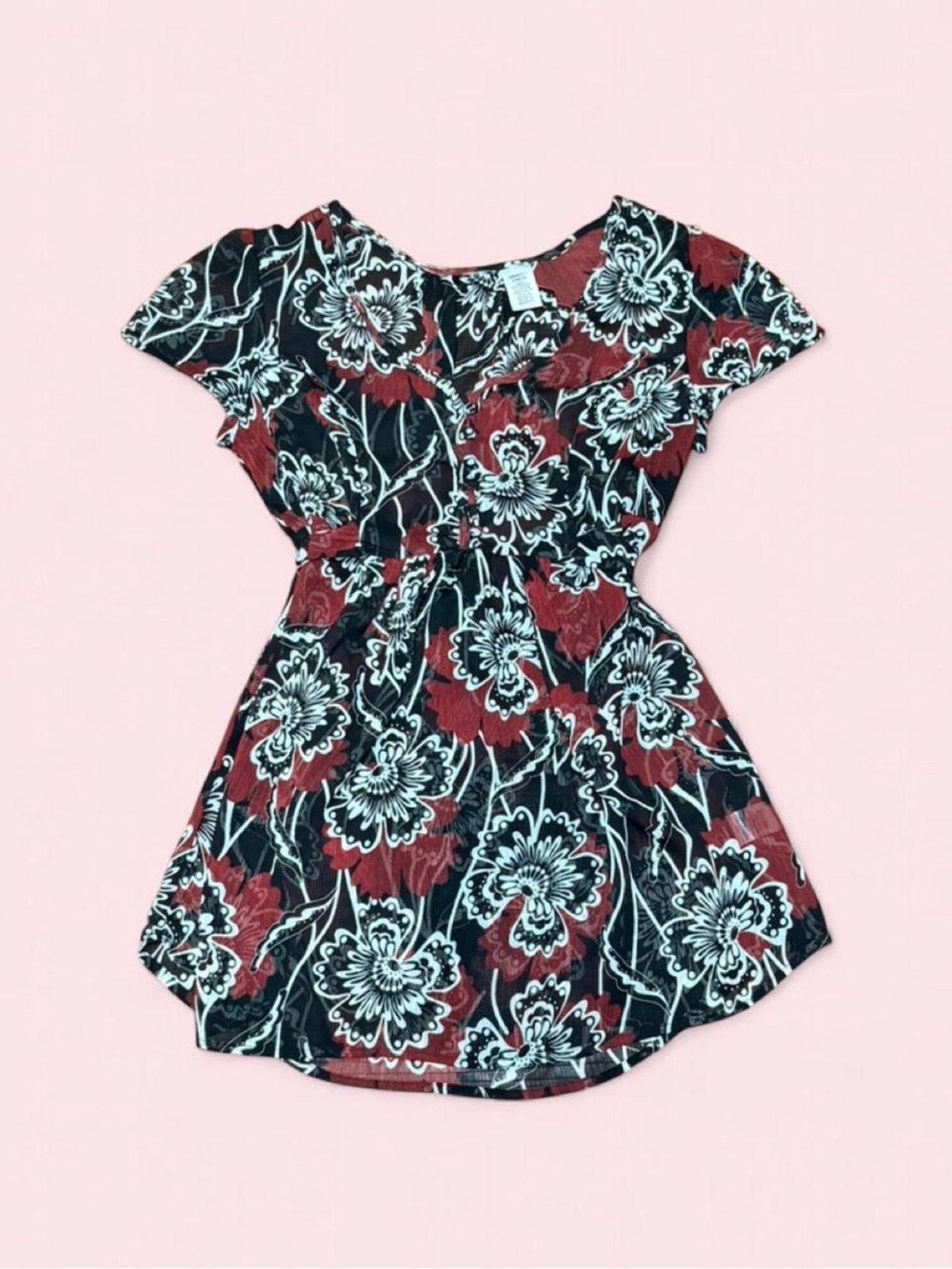 Y2K Sheer Floral Babydoll Top Flutter Sleeve Tie Waist Blouse Small - Picture 2 of 8